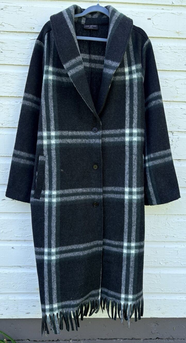Lane Bryant Coat Jacket Womens 22 24 Black Plaid Long Fringe Blanket Fleece